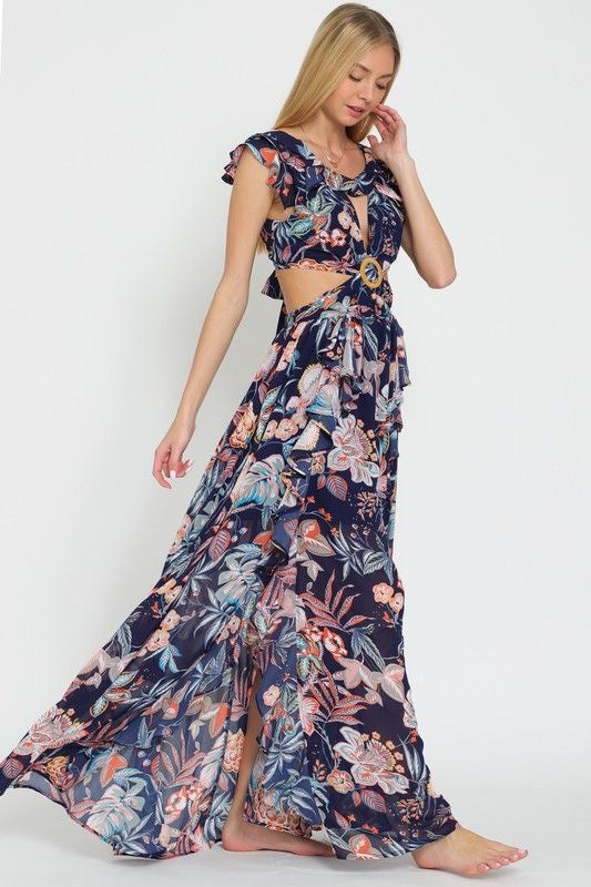 Cutout Floral Maxi Dress with Back Tie Detail