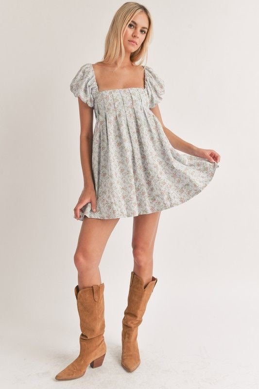 Floral Puff Sleeve Mini Dress with Back Detail