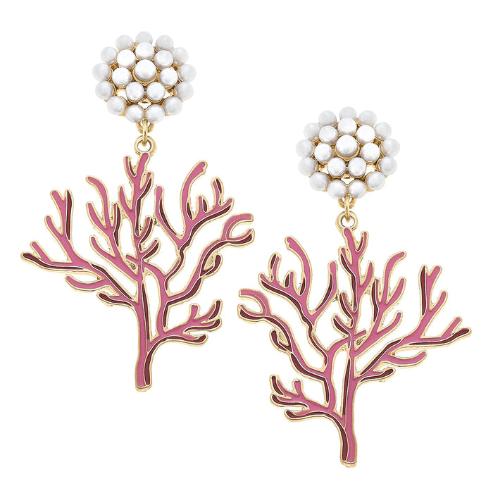 Coral Enamel Pearl Earrings