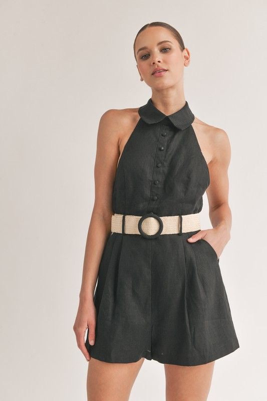 Belted Linen Halter Romper