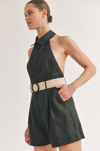 Belted Linen Halter Romper