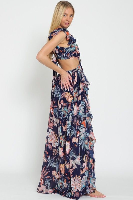 Cutout Floral Maxi Dress with Back Tie Detail