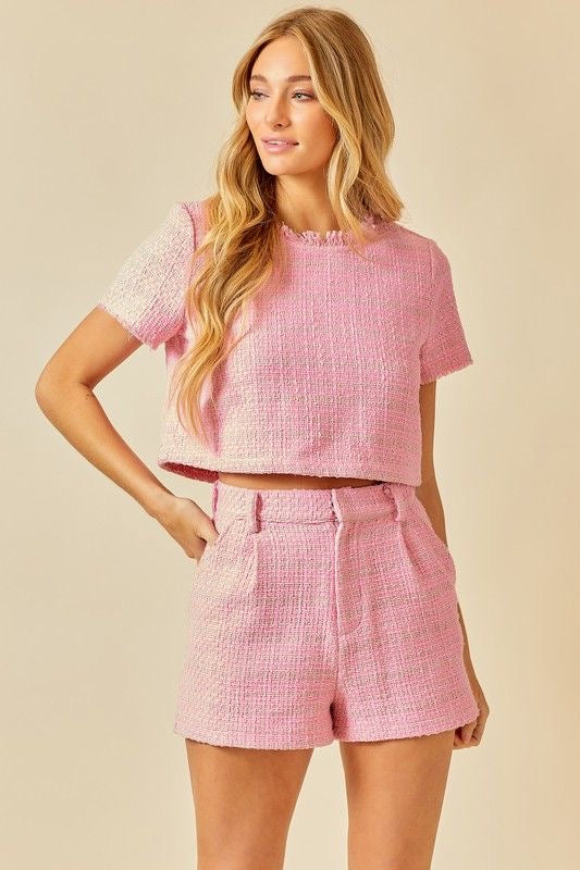 Tweed Pleated Shorts with Pockets