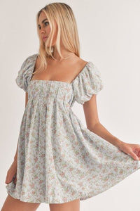Floral Puff Sleeve Mini Dress with Back Detail