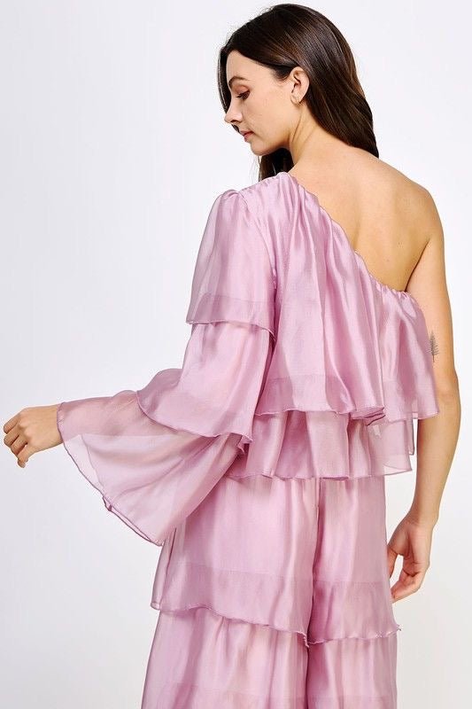 One Shoulder Tiered Organza Blouse