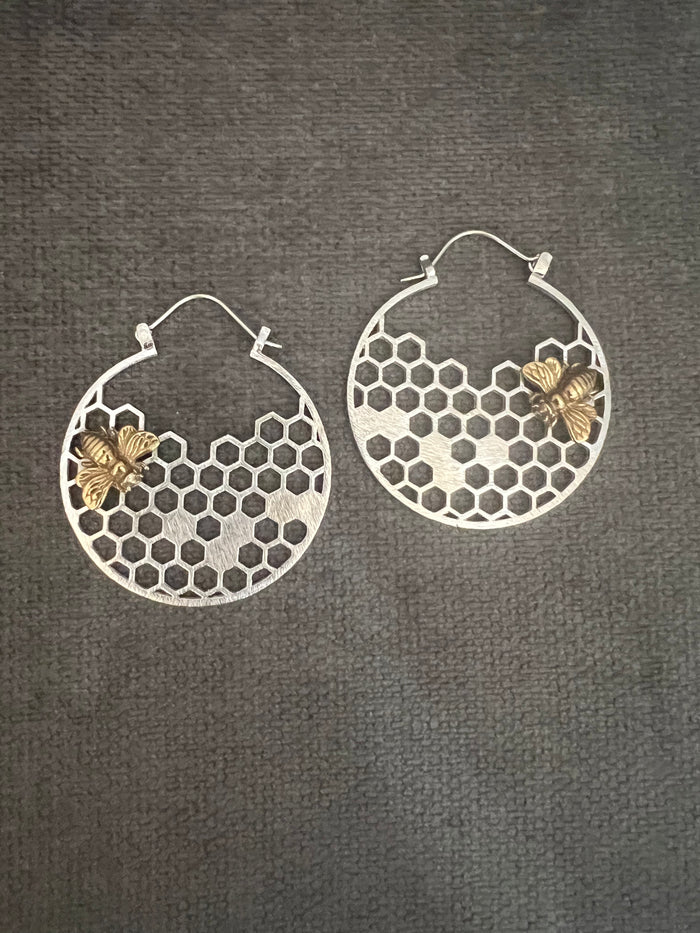 Honeycomb Bee Silver Earrings