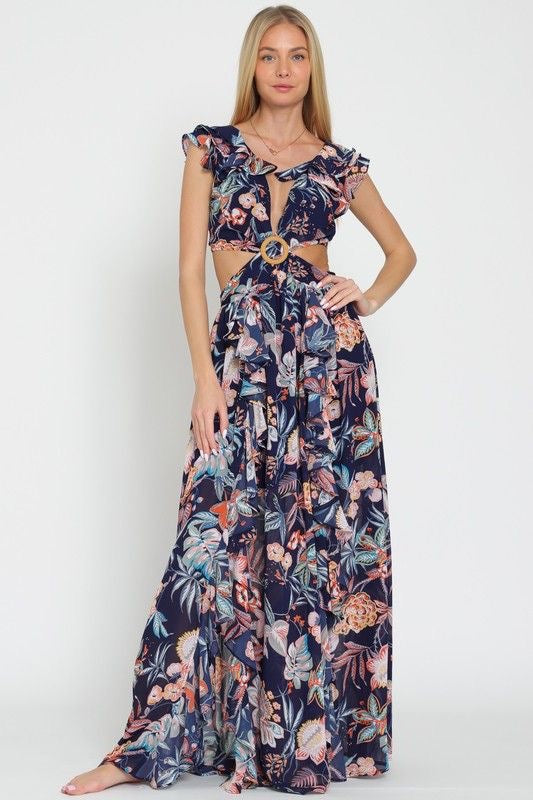 Cutout Floral Maxi Dress with Back Tie Detail