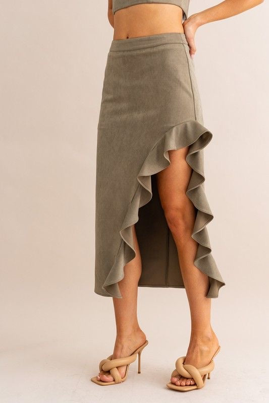 Ruffle Denim Midi Skirt