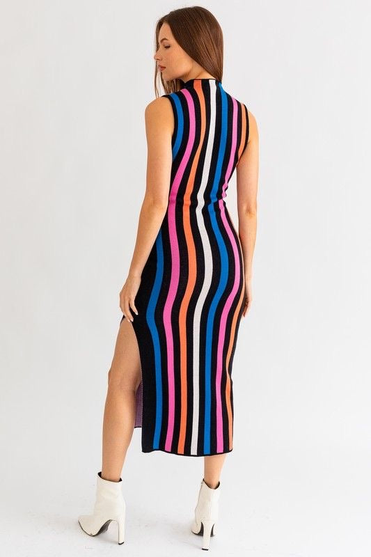 Mock Neck Stripe Knit Dress
