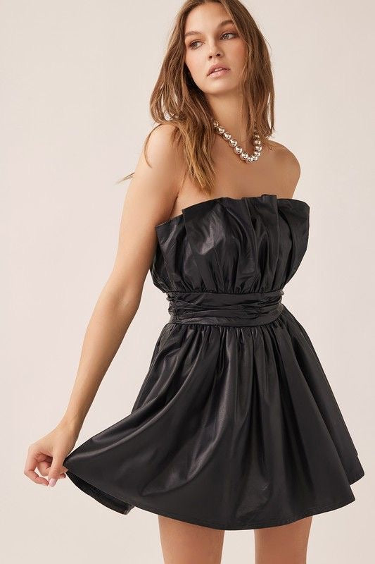 Strapless Pleated Faux Leather Dress