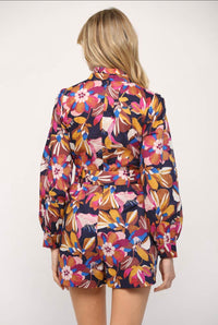 Floral Print Front Zipper Romper