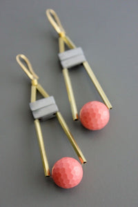 Geometric Coral Glass & Brass Earrings