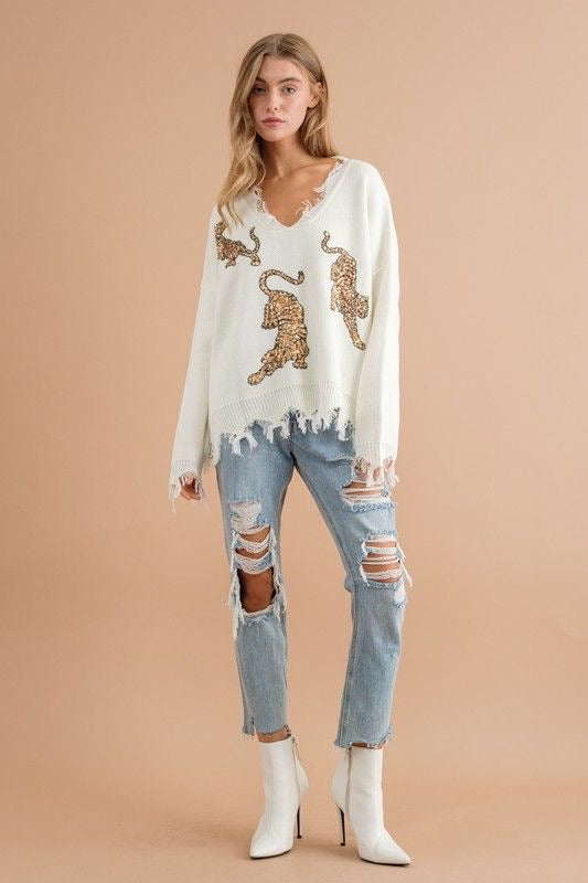 Frayed Sequin Tiger Sweater