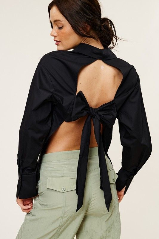 Long Sleeve Poplin Top with Bow Detail