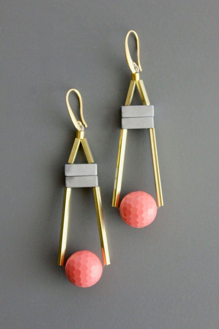 Geometric Coral Glass & Brass Earrings