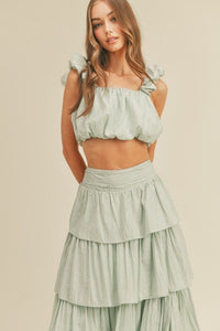 Ruched Crop Top & Tiered Ruffle Maxi Skirt Set
