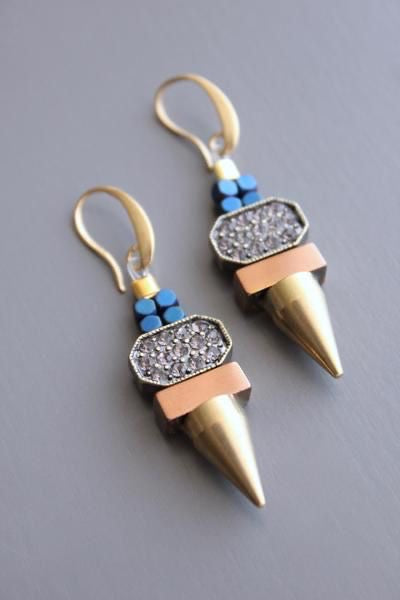 Rhinestone, Hematite & Brass Spike Earrings