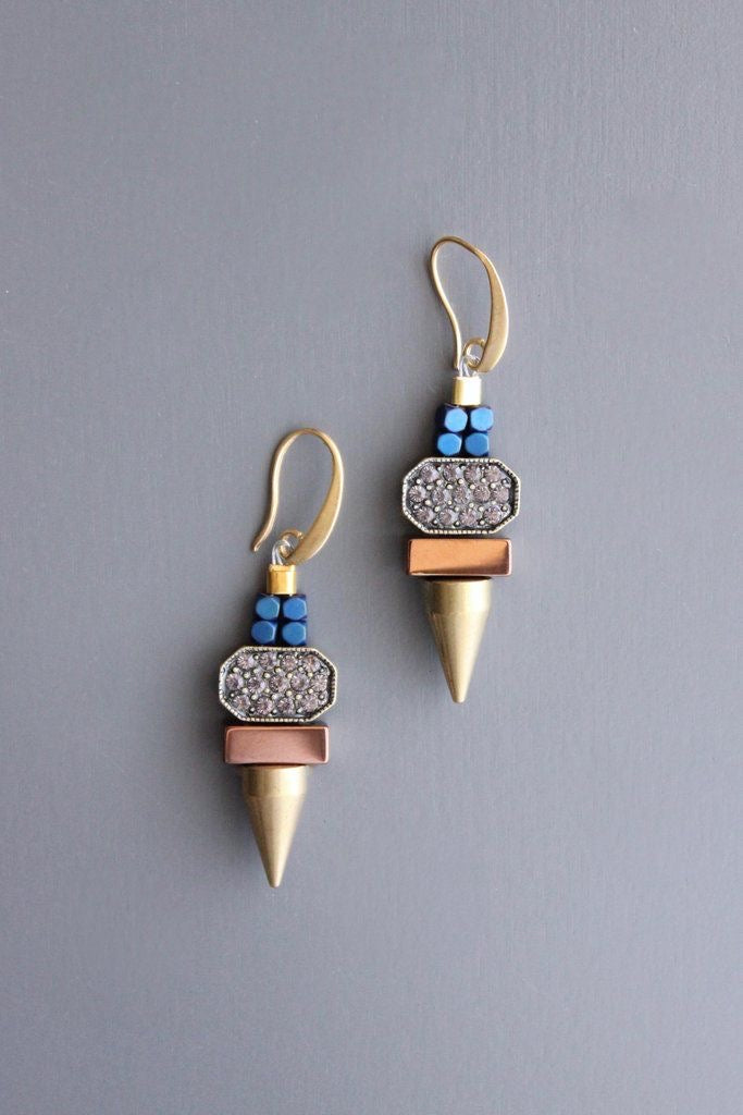 Rhinestone, Hematite & Brass Spike Earrings