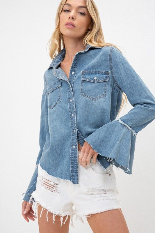 Ruffle Long Sleeve Denim Shirt