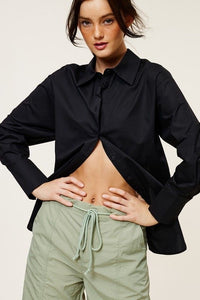 Long Sleeve Poplin Top with Bow Detail