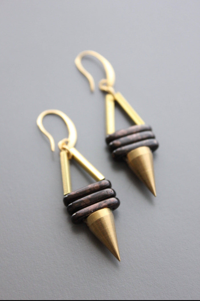 Handmade Geometric Brown Glass 18k Gold Plated Spike Earrings