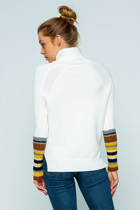 Ribbed Contrast Sleeve Turtleneck Sweater