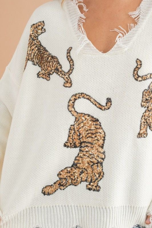 Frayed Sequin Tiger Sweater