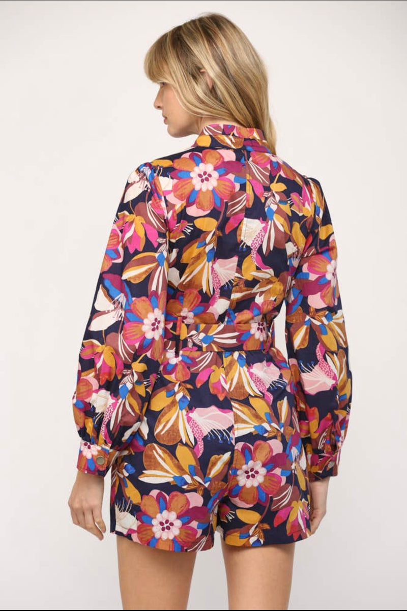 Floral Print Front Zipper Romper