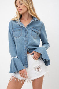 Ruffle Long Sleeve Denim Shirt
