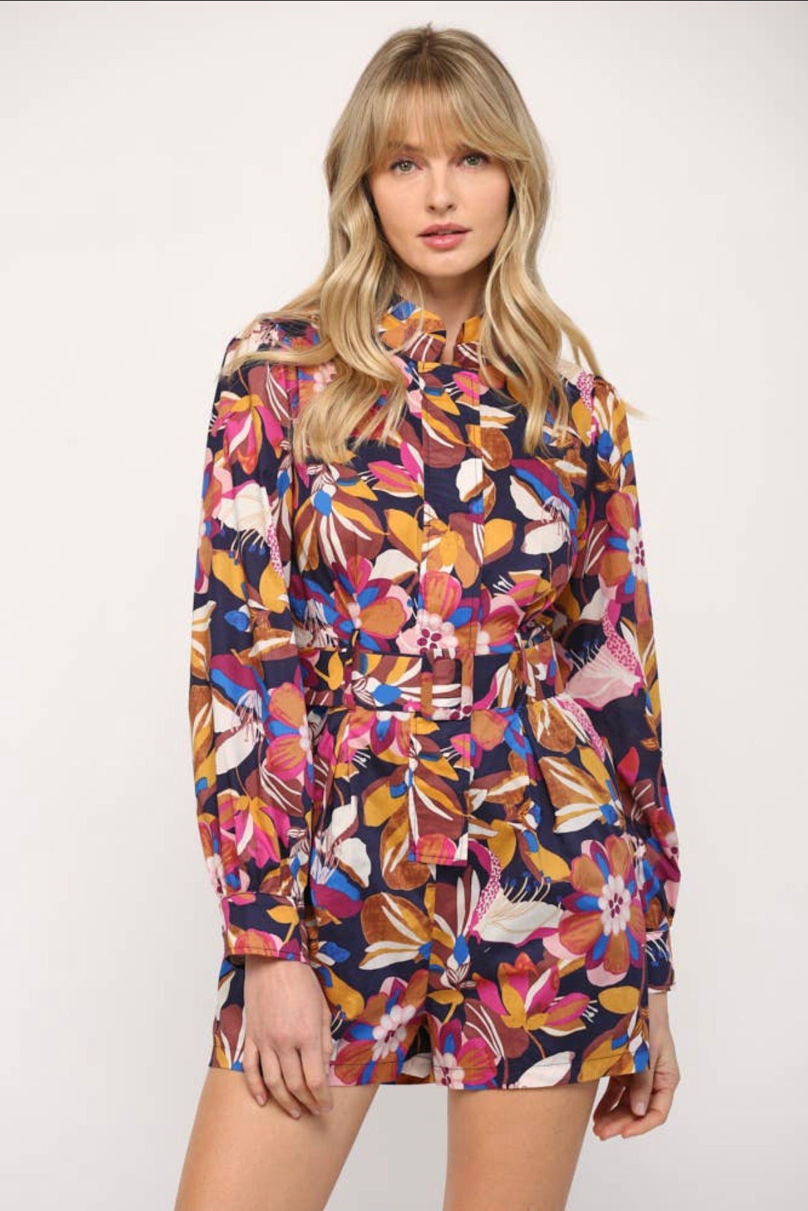 Floral Print Front Zipper Romper